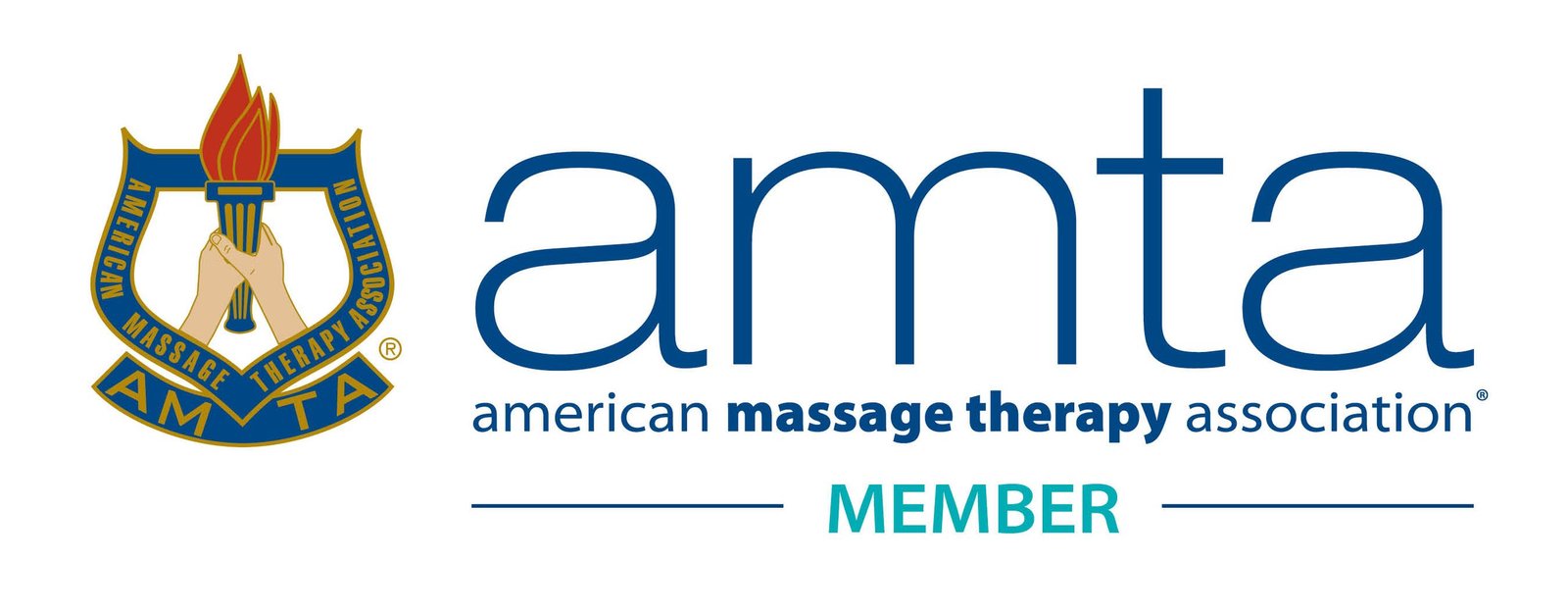Image is the American Massage Therapy Association logo for AMTA members. Members of this organization are insured through AMTA (annually). The organization also offers continuing education and other benefits.